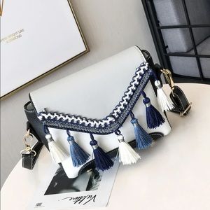 Blue and white tassel bag